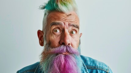 Model man with colorful dyed stylish beard on white background, banner, space for text. Colorful beard style for men. Concept for men's mustache and beard hair care, men's skin care