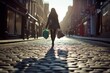 girl walking with bags on a cobbled street