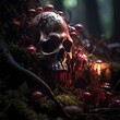 A dark, dense forest scene illuminated by the unnatural glow of myriad fungi, with a human skull among them