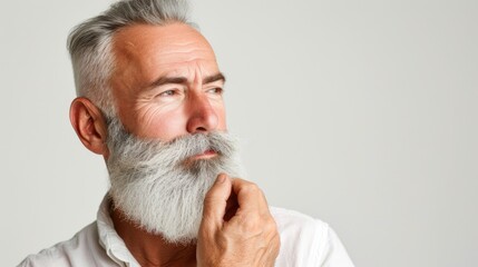 Wall Mural - Senior bearded man isolated white background. Portrait of a confident 60s 70s mid aged mature man touching his stylish beard. Bearded aging model man with serious expression. Fashion male older model.