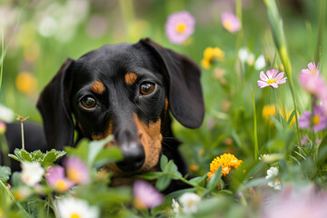 Wall Mural - Black and Brown Dog Resting in a Field of Flowers