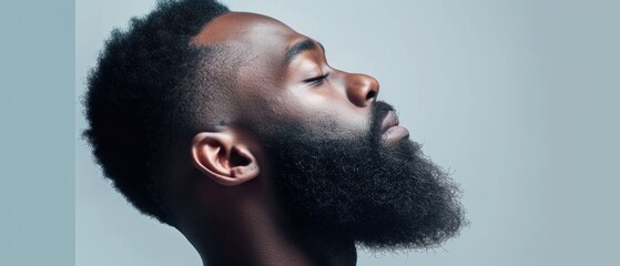 Wall Mural - Closeup profile photo of macho attractive african american guy well groomed look empty space seriously isolated white color background