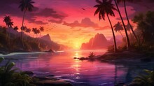 Aerial Perspective Showcasing A Serene Archipelago With Lush Palm Trees Set Against The Backdrop Of A Mesmerizing Sunset Painting The Sky In Hues Of Orange, Pink, And Purple. Photorealistic Epic Light