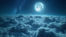 Beautiful Realistic Flight Over Cumulus Lush Clouds In The Night Moonlight. A Large Full Moon Shines Brightly On A Deep Starry Night