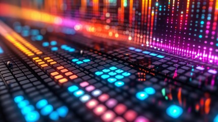 Leinwandbilder - Audio equalizer display adorned with an array of multicolored flashing lights, reflecting the music's intensity and rhythm Generative AI