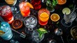 Cocktails set on black bar counter, top view.  Assortment of colorful strong and low alcohol drinks for cocktail party. Dark background, bar tools, hard light 
