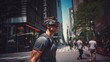 © Helga P-A. - Young man wearing virtual reality goggles on the street
