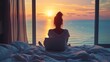 A tourist woman sitting on bed, looking to Beautiful sunset above sea or ocean, reflection of sun in the water after video conference meeting with colleagues.
