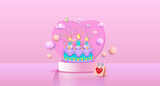 Fototapeta  - A birthday cake on the podium with icing, candles, balloons, and a heart. Birthday, banner.
Vector illustration. 3d, space for copying.