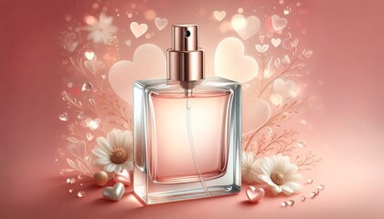 Wall Mural - A bottle of perfume on a background with hearts and flowers in pastel colors with bokeh, highlights.