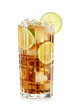 Tall tumbler full of cuba libre on the rocks cocktail garnished with a lime slice isolated on white background