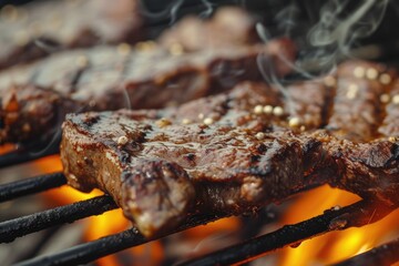 Wall Mural - Grilled steaks cooking on a grill with flames in the background. Perfect for food and cooking-related projects