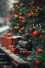 Canvas Print - Toy train with a Christmas tree in the background. Perfect for holiday decorations or festive themed projects