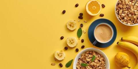 Poster - A simple and satisfying breakfast consisting of a bowl of cereal, fresh bananas, and a steaming cup of coffee. Perfect for starting your day with a nutritious and energizing meal.