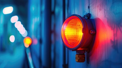 Wall Mural - A red light is seen on a wall adjacent to a train track. This image can be used to depict caution, warning, or the presence of a railroad