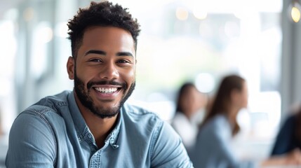 Poster - Conceptual image of a man in a corporate office environment, smiling and discussing ideas with a team in a meeting room Generative AI