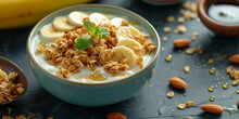 A Litle Bowl Of Yoghurt With Granola Honey And Banana Slices On The Top As A Part Of Healthy Breakfast And Brunch