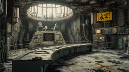 Poster - Detailed close-up of reactor block at Chernobyl, intricate machinery, radioactive hazard signs, atmospheric lighting, detailed linework Generative AI