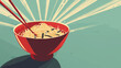 A Bowl Of Noodles With Chopsticks In It on retro blue background