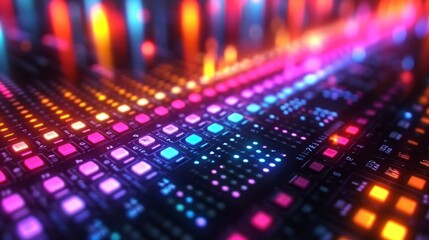 Poster - Digital equalizer panel with numerous glowing indicator lights pulsating in sync, creating a dynamic and vibrant audio visualization Generative AI