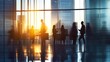 © Generative AI - Silhouettes of diverse business people working together, toned image of office interior and skyscrapers. Concept of modern office with managers, partners : Generative AI