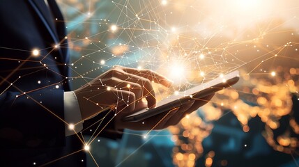 Aufkleber - Global internet network connection, global business, internet of thing concept. Business man using digital tablet, social networking, digital marketing, internet technology, futuristic : Generative AI
