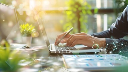 Leinwandbilder - Technology and financial advisory services concept. Business teamwork and working on digital laptop computer with advisor showing plan of investment to clients at table office. Digital : Generative AI