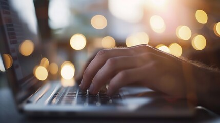 Aufkleber - Close-up photo of male hands with laptop. Man working remotely at home. Concept of networking or remote work. Global business network. : Generative AI