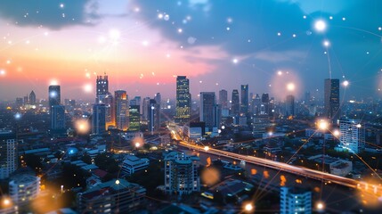 Aufkleber - Energy Digitalization Smart city with Wireless network and Connection technology concept with Abstract Bangkok city background : Generative AI