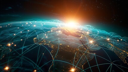 Fototapete - Global world telecommunication network connected around planet Earth, concept about internet and worldwide communication technology for finance, blockchain cryptocurrency or IoT : Generative AI