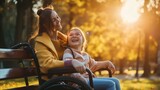 Fototapeta Londyn - Cheerful girl with disability having fun with mother sitting on bench : Generative AI