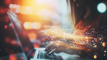 Aufkleber - Digital technology, internet network connection, big data, digital marketing IoT internet of things. Woman using modern computer surfing internet futuristic metaverse, innovative techn : Generative AI