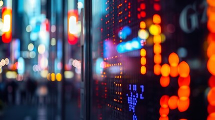 Leinwandbilder - Display of Stock market quotes with city lights reflect on glass, small focus line : Generative AI