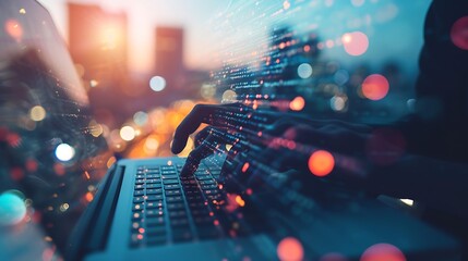 Aufkleber - Digital technology, big data, internet network connection, futuristic innovation technology background. Man using mobile phone and laptop and smart city : Generative AI