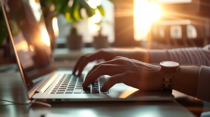Aufkleber - Close-up photo of male hands with laptop. Man working remotely at home. Concept of networking or remote work. Global business network. : Generative AI