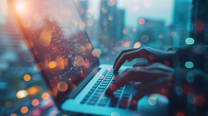 Aufkleber - Digital technology, internet network connection, digital marketing IoT internet of things. Man using computer with internet global network connecting and smart city, innovative technol : Generative AI