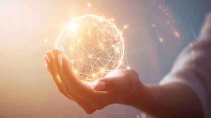 Aufkleber - Woman hand holding global network connection. Internet communication, Wireless connection technology. Futuristic technology with polygonal shapes. : Generative AI