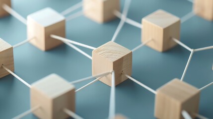 Aufkleber - Wooden blocks connected together on blue background. Teamwork, network and community concept. : Generative AI