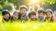 canvas print picture - group image of asian children having fun in the park : Generative AI