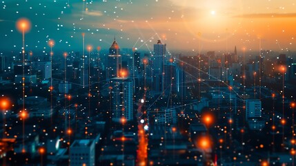 Aufkleber - Smart city dot point connect with gradient line, connection technology metaverse concept. Bangkok, Thailand night city banner with big data. : Generative AI