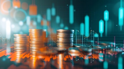 Poster - Double exposure image of coin stacks on technology financial graph background.Economy trends background for business ,financial meltdown ,Cryptocurrency digital economy. : Generative AI