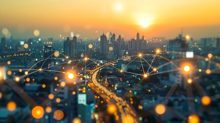 Aufkleber - Energy Digitalization Smart city with Wireless network and Connection technology concept with Abstract Bangkok city background : Generative AI