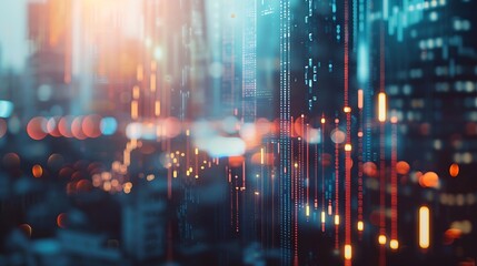 Fototapete - Abstract glowing big data forex candlestick chart on blurry city backdrop. Trade, technology, investment and analysis concept. Double exposure : Generative AI