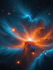 Wall Mural - photo of cosmos wallpaper, scifi nebula panorama with orange and blue colors
