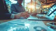 © Generative AI - Technology and financial advisory services concept. Business teamwork and working on digital laptop computer with advisor showing plan of investment to clients at table office. Digital : Generative AI