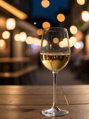 Photo Of Glass Of White Wine And Bottle On Wooden Table With Blur Background With Lights Of Street Bar, Cafe, Coffee Shop Or Restaurant, Wine Mock Up