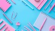 Pink girlish school supplies, notebooks and pens on punchy blue background. Top view, flat lay. Copy space. Back to school. : Generative AI