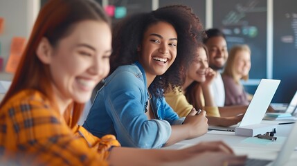 Poster - Diverse group of creative young people using laptop during meeting in office and smiling cheerfully : Generative AI