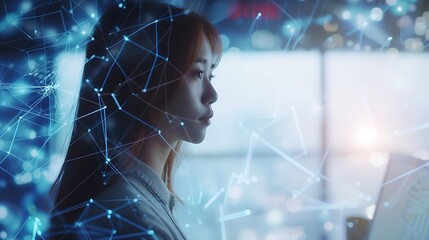 Aufkleber - Digital technology, internet network connection, big data, digital marketing IoT internet of things. Woman using modern computer surfing internet futuristic metaverse, innovative techn : Generative AI