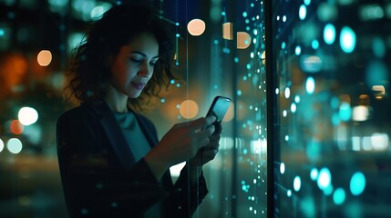 Aufkleber - Woman, tech overlay and phone in night at office for finance research, data analytics or digital job. Cybersecurity expert, fintech or focus in dark workplace with 3d hologram abstract : Generative AI